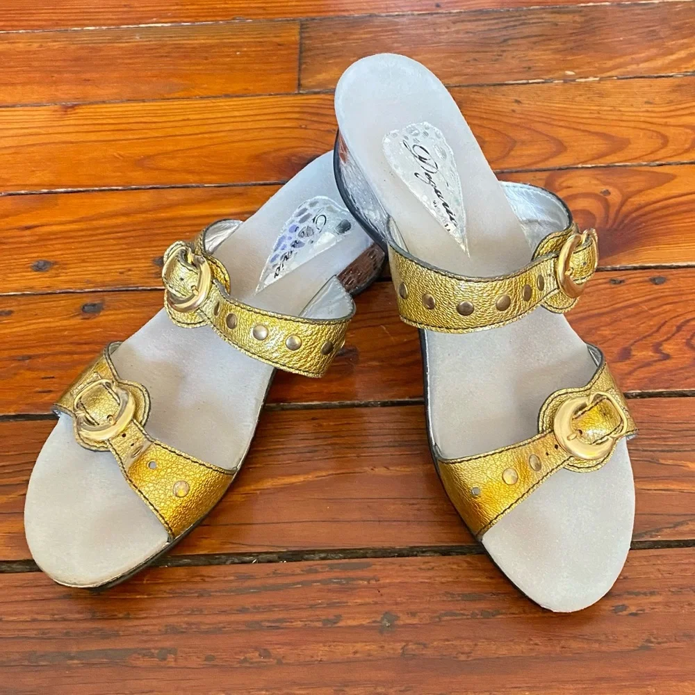 Retro Gold & Silver Wedge Sandals With Buckles Size 11 Made in the USA